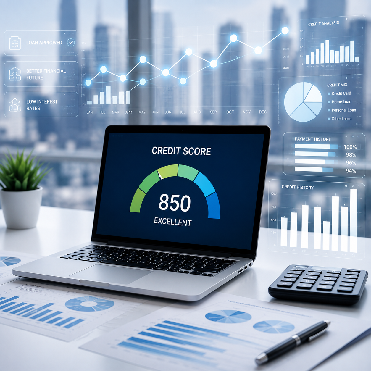 Laptop displaying an excellent 850 credit score dashboard with financial charts
